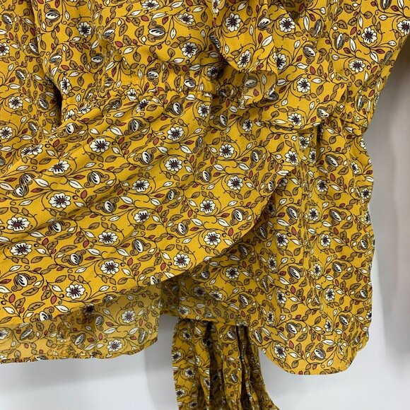 Max Studio Top Yellow Floral Print Faux Wrap Long Sleeve Ruffle - Picture 6 of 10